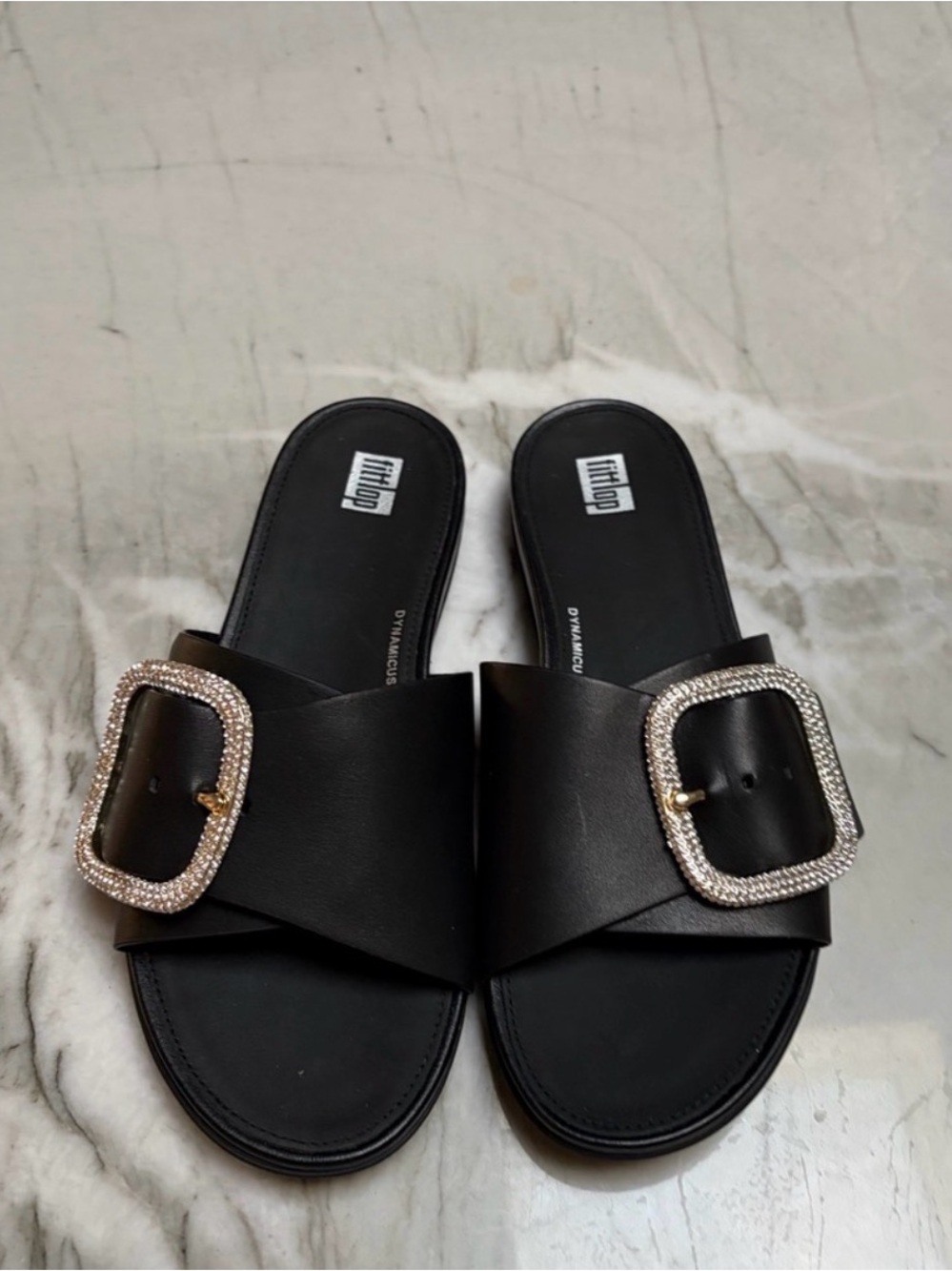 Black Crystal-Buckle Slide Mules - Women